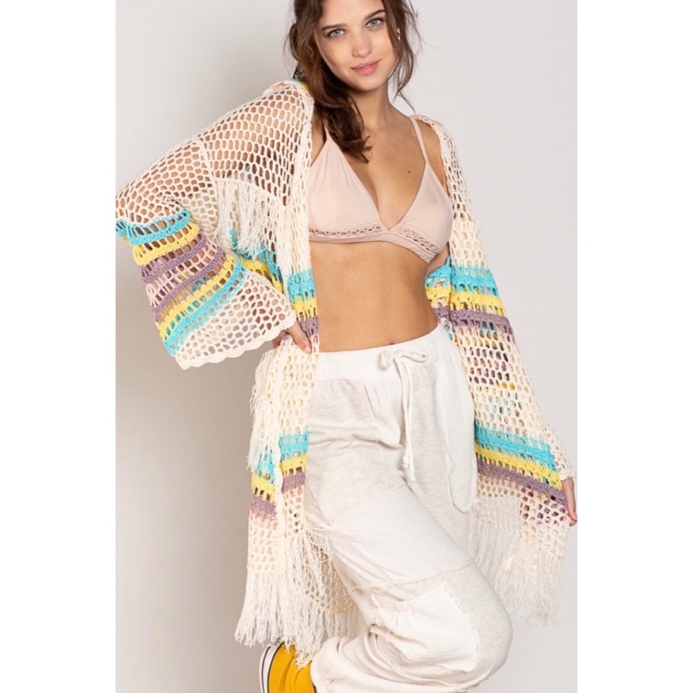 POL Beige Blue Crochet Hooded Cardigan with Fringe